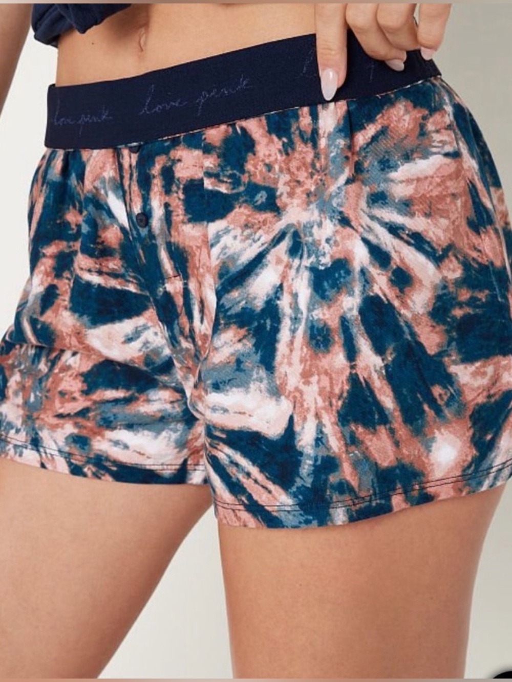 Victoria's Secret PINK Boxer-style Blue Tie Dye Fold Over Waistband sleep shorts - Picture 4 of 16